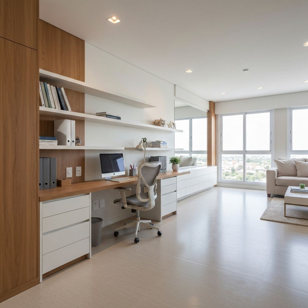 Home office integrado com sala de estar
