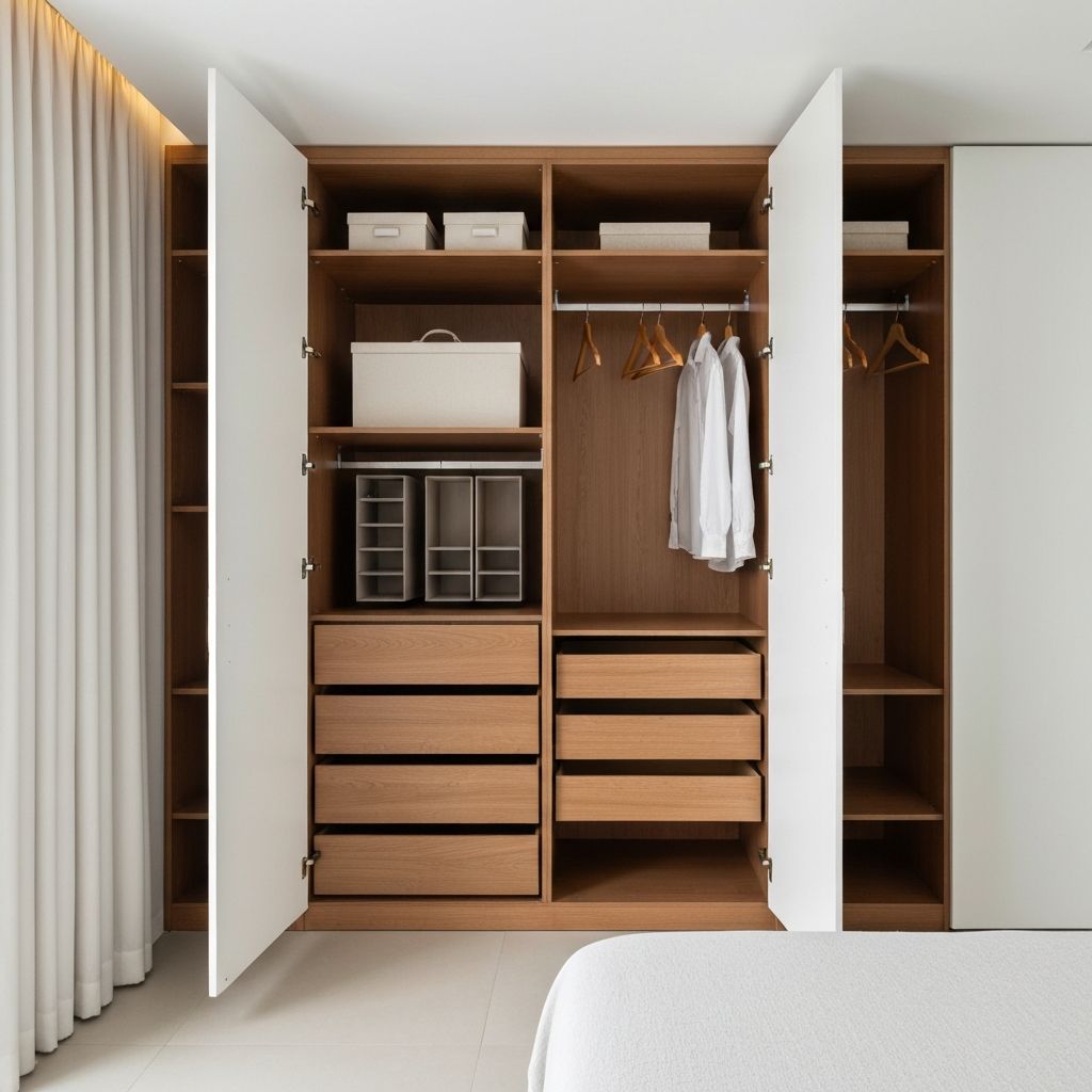 Roupeiro planejado com portas abertas mostrando organizacao interna