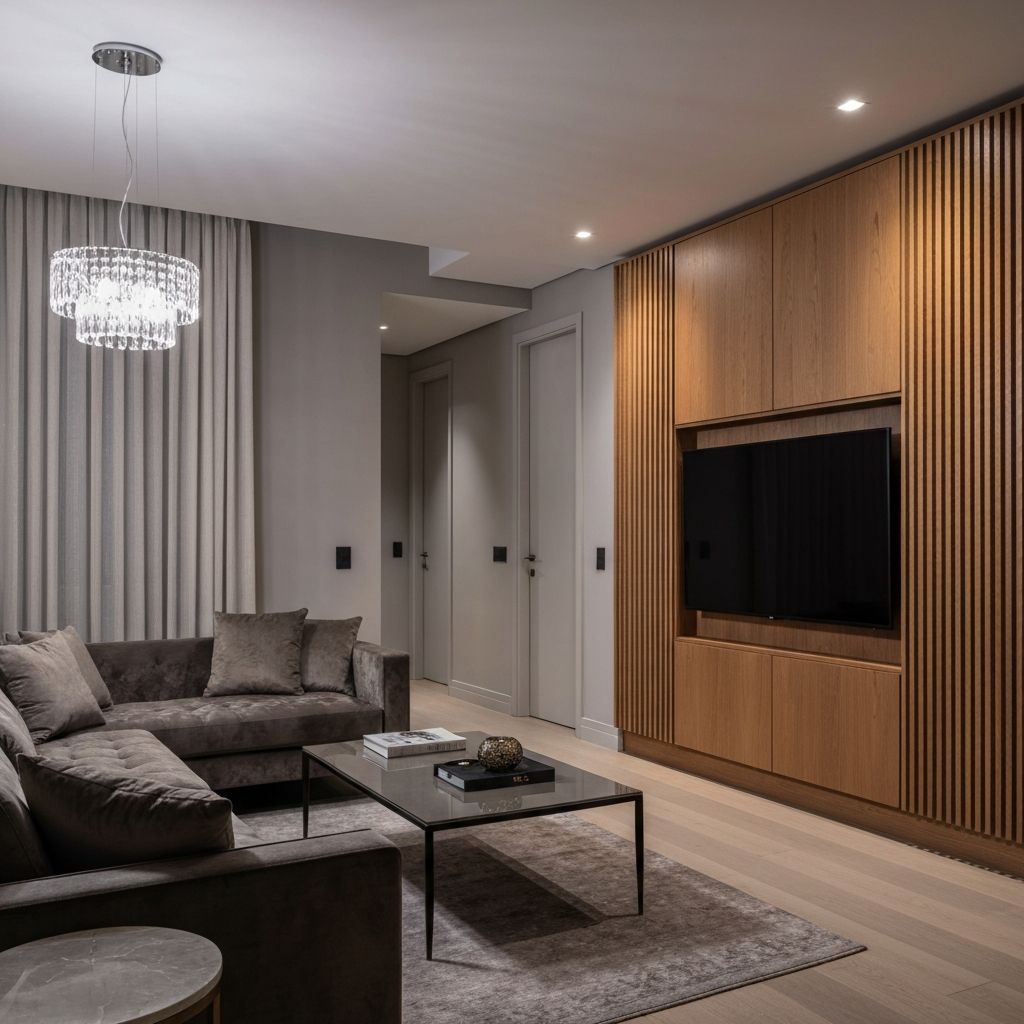 Sala de estar elegante com ripado e lustre de cristal